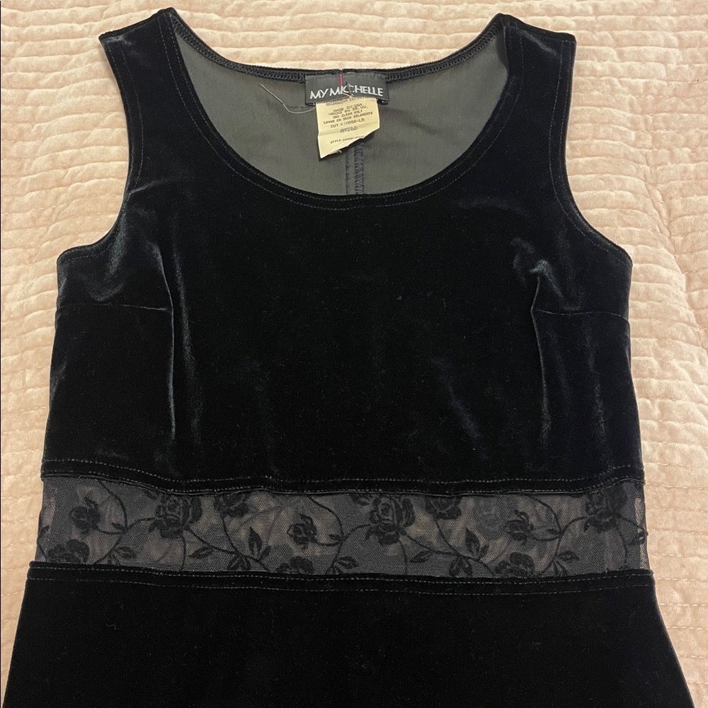 90s Black Velvet Mini Dress with Roses Mesh